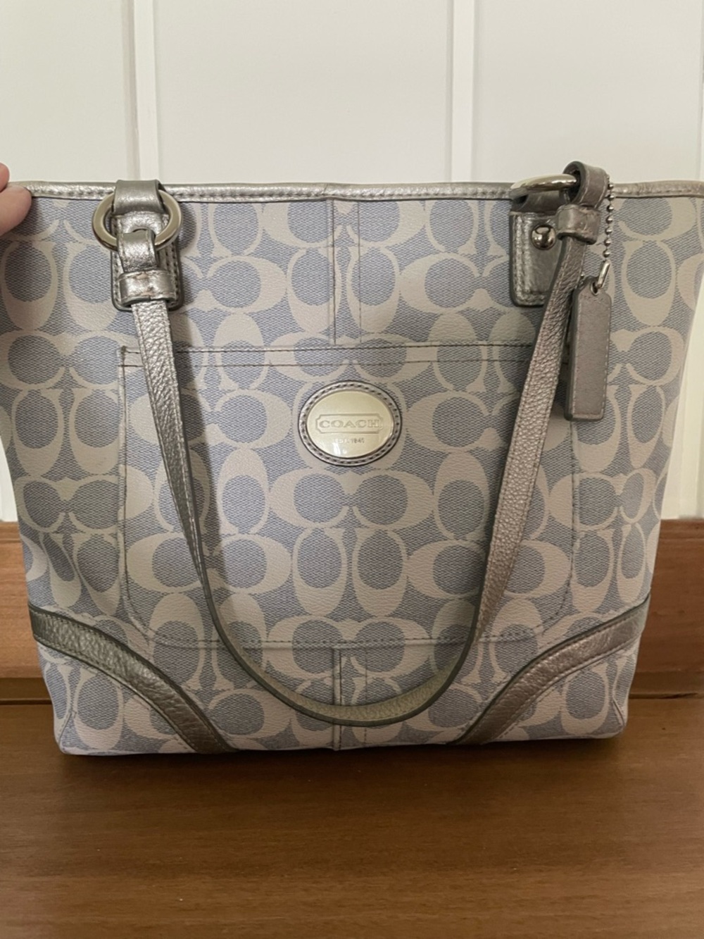 Coach light blue gray Signature Tote with Metallic Trim - Picture 4 of 16